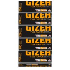 Gebinde Zigarettenhülsen Gizeh Full Flavor Extra . Fünf schwarze Packungen mit orangener Gizeh Aufschrift Full Flavor.