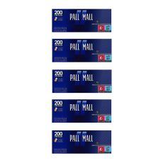 Gebinde Pall Mall Blau Xtra Zigarettenhülsen. Fünf blaue Packungen mit hellblauem Pausezeichen und weißer Pall Mall Aufschrift.