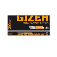 Packung Zigarettenhülsen Gizeh Full Flavor Extra. Schwarze Packung mit orange Aufschrift und Gizeh Logo.