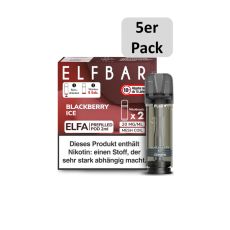 Elfbar Elfa Liquid Pods Blackberry Ice. Braun gemusterte Packung mit großer Elfbar Aufschrift und 5er Pack Botton.