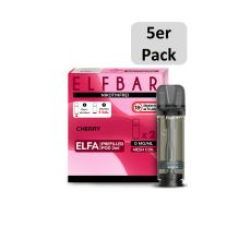 Elfbar Elfa Liquid Pods Cherry. Rot-rosa gemusterte Packung mit Nikotinfrei Aufschrift und 5er Pack Bottom.