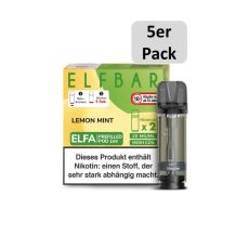 Elfbar Elfa Liquid Pods Lemon Mint. Grün-gelb gemusterte Packung mit großer Elfbar Aufschrift und 5er Pack Botton.