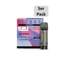 Elfbar Elfa Liquid Pods Mix Berries. Lila-rosa gemusterte Packung mit nikotinfrei Aufschrift und 5er Pack Botton.