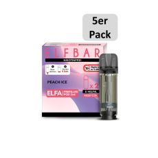 Elfbar Elfa Liquid Pods Peach Ice . Blasslila-rosa gemusterte Packung mit nikotinfrei Aufschrift und 5er Pack Botton.
