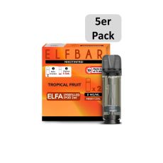 Elfbar Elfa Liquid Pods Tropical Fruit. Orange gemusterte Packung mit nikotinfrei Aufschrift und 5er Pack Botton.