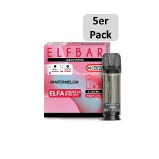 Elfbar Elfa Liquid Pods Watermelon. Rosa-rot mamorierte Packung mit Nikotinfrei Aufschrift, grauen Liquid Pod und 5er Pack Bottom.