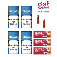 Sparset Break Tabak Blau 100g Dose. Vier blaue Dosen mit weißem Break Logo, Break Plus Hülsen und Feuerzeuge.