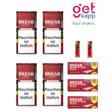 Sparset Break Tabak Original Rot Dose. Vier rote Dosen mit weißem Break Logo, Break Plus Hülsen und Feuerzeuge.