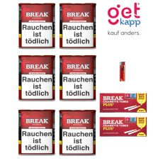Sparset Break Tabak Original Rot Dose. Sechs rote Dosen mit weißem Break Logo, Break Plus 200 Hülsen und Feuerzeug.