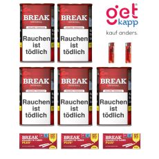 Sparset Break Tabak Original Rot Dose. Fünf rote Dosen mit weißem Break Logo, Break Plus Hülsen und Feuerzeuge.