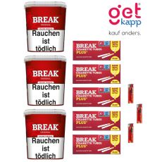 Sparset Break Tabak Rot Giga Box. Drei große rote Eimer mit weißem Break Logo, Break Plus Hülsen und Feuerzeuge.