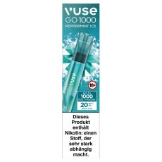 Packung Einweg E-Zigarette Vuse Go 1000 Peppermint Ice. Türkis-weiße Packung mit Gerät und Eiskristalle.