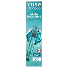 Packung Einweg E-Zigarette Vuse Go 1000 Peppermint Ice Zero. Türkis-weiße Packung mit Gerät und Eiskristalle und Zero Aufschrift.