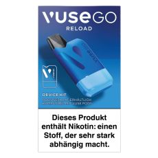Packung E-Zigarette Vuse Go Reload Device Kit Blue. Blaue Schachtel mit blauem Vuse Gerät und Vuse Aufschrift.