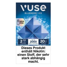 Packung Vuse Liquid Pod Blueberry Ice. Blaue Schachtel mit weißer Vuse Aufschrift und blauem Quadrat.