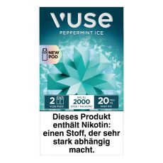 Packung Vuse Liquid Pods Peppermint Ice. Türkise Schachtel mit Blume und weißer Vuse Aufschrift.