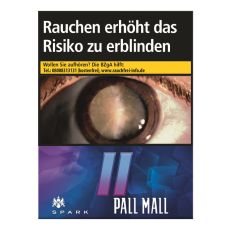 Schachtel Zigaretten Pall Mall Spark. Dunkelblau gemusterte Packung mit hellblauen rosa Pausezeichen und weißem Pall Mall Logo.